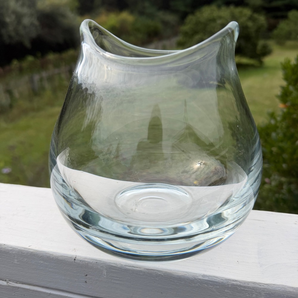 Hand Blown Glass Pinched Rim Vase Heavy Base Clear Sculptural Decorative Vessel